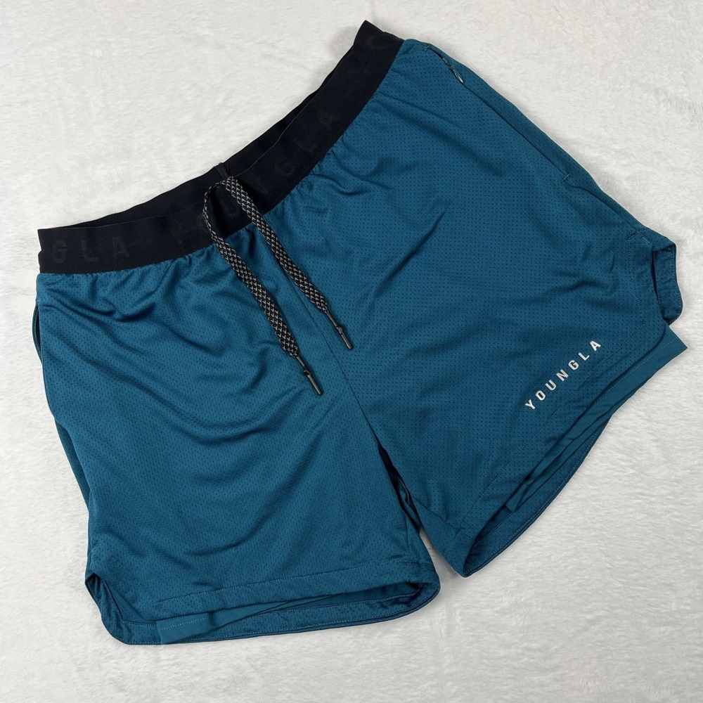 YoungLA Immortal Shorts Mens Medium Teal Green Mesh Dual Layer Compression Liner